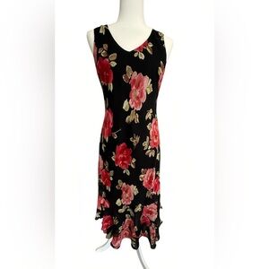 Vintage Petite Sophisticate Black Floral Midi Slip Dress Red Rose 6 Chiffon
